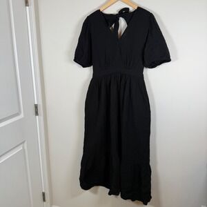 NEW Gap Tie-Back Puff Sleeve Tiered Midi Dress Medium Black 100% Cotton NWT